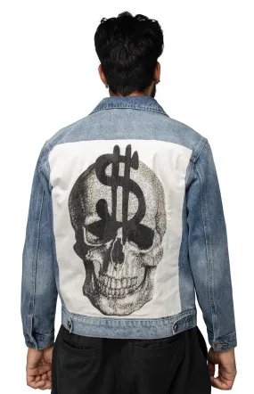 X RAY Men's Limited Edition Denim Jacket With Graphic on the back of Dollar Sign Skull