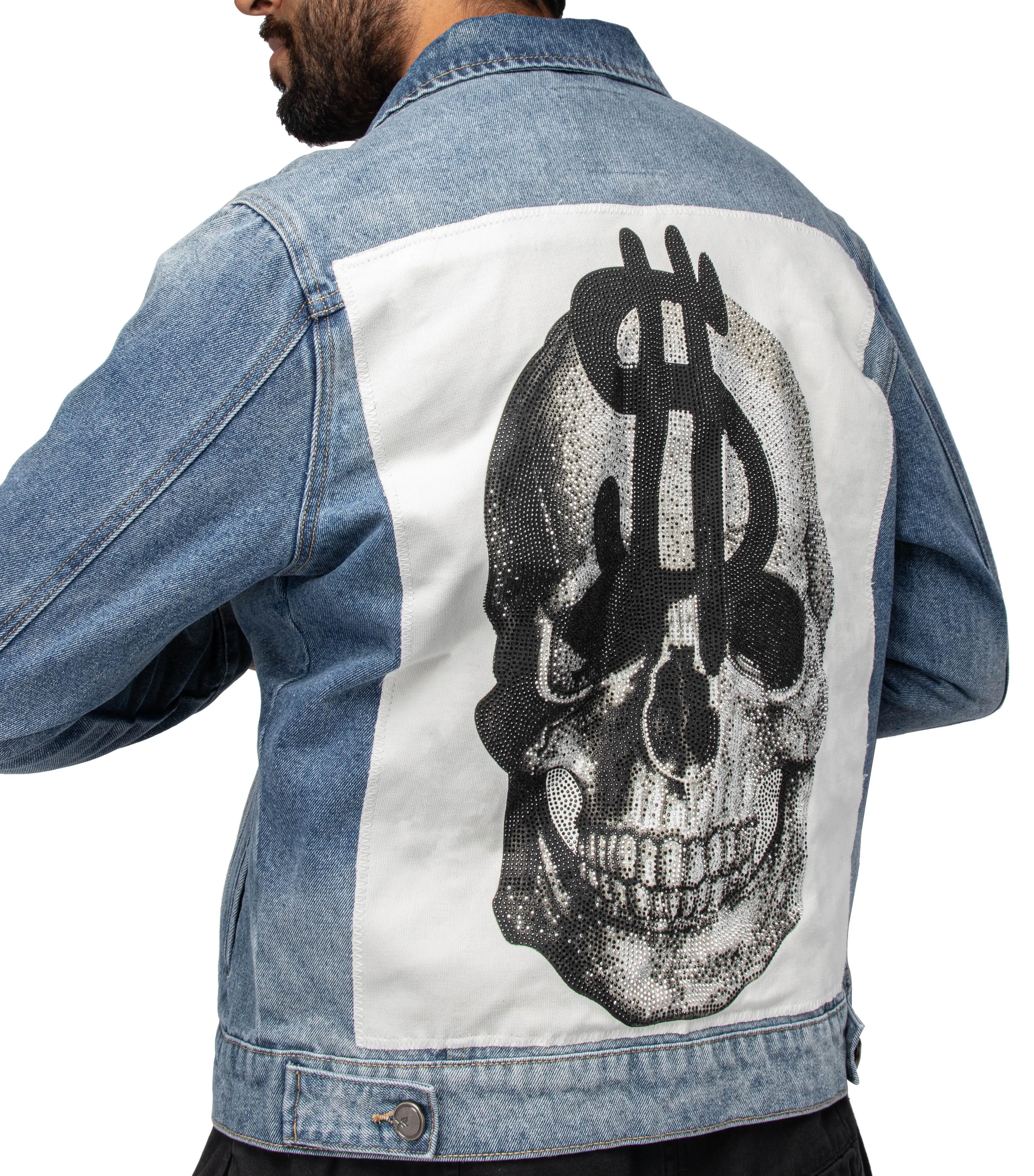 X RAY Men's Limited Edition Denim Jacket With Graphic on the back of Dollar Sign Skull