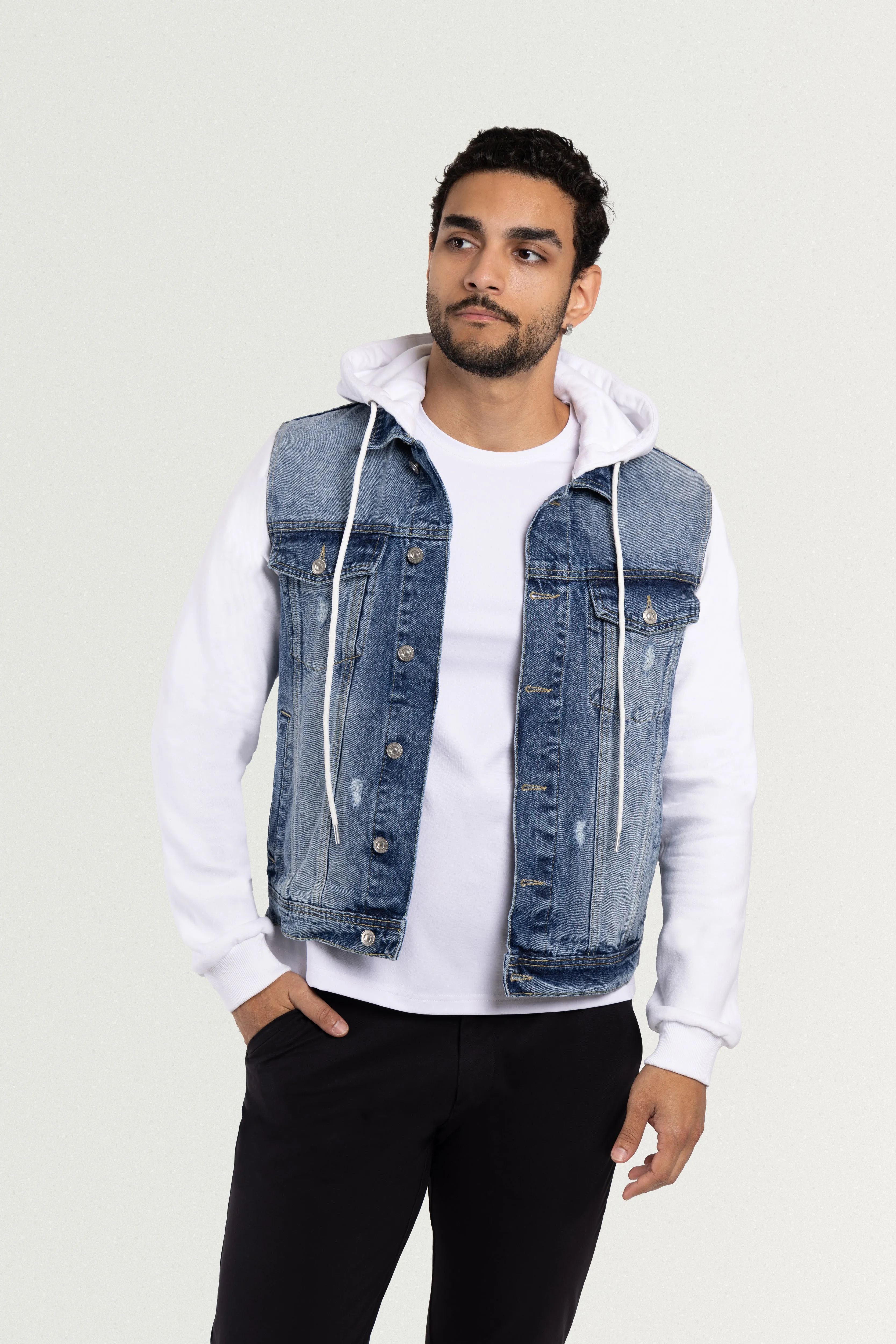 X RAY Men's Washed Trucker Denim Jacket With Fleece Hood & Sleeves