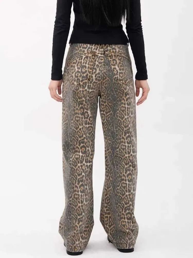 Y2k Vintage Leopard Print Loose Women Jeans Straight High Waist Jeans