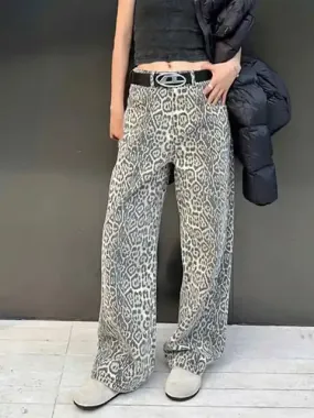 Y2k Vintage Leopard Print Loose Women Jeans Straight High Waist Jeans