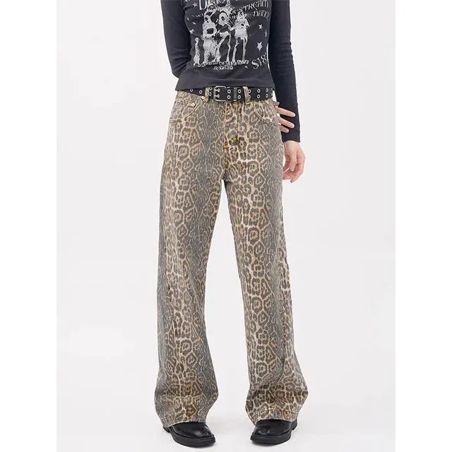 Y2k Vintage Leopard Print Loose Women Jeans Straight High Waist Jeans