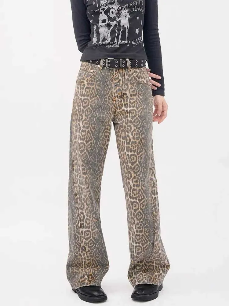 Y2k Vintage Leopard Print Loose Women Jeans Straight High Waist Jeans